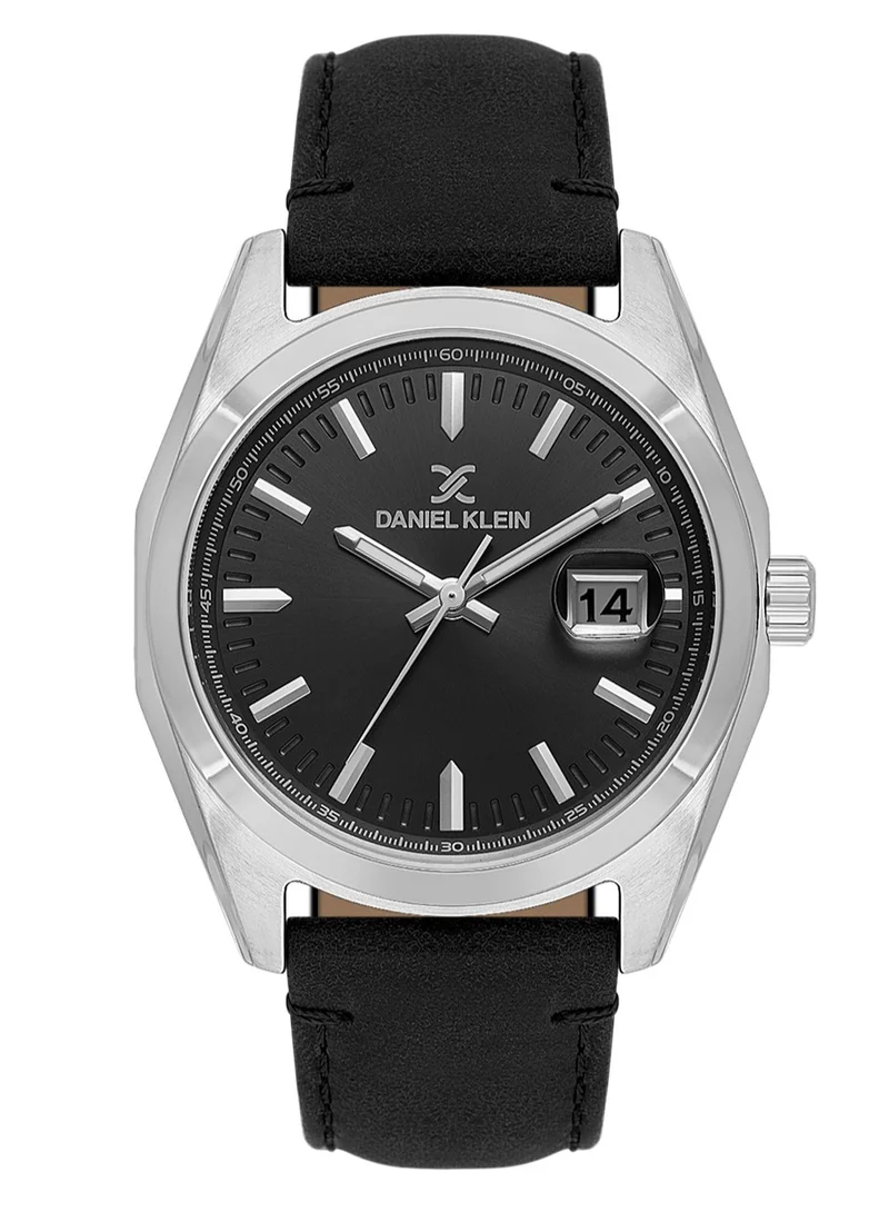 DANIEL KLEIN Men's Leather Silver Alloy Case Analog Black Round Sunray Dial Japanese Quartz Premium 50 Meters Water Resistant